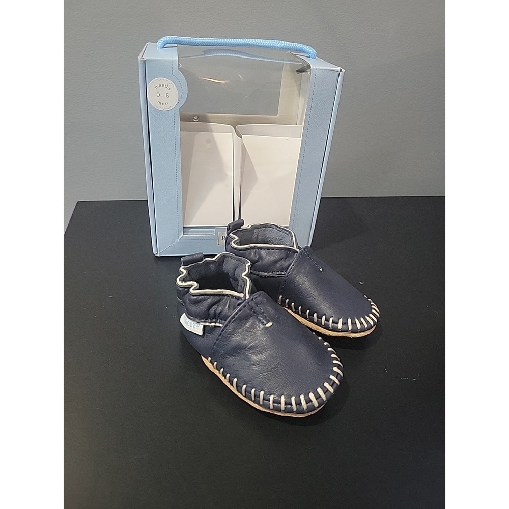 Robeez Premium Leather Soft Sole Moccasins  0-6 Months Navy Blue. Elastic Ankle